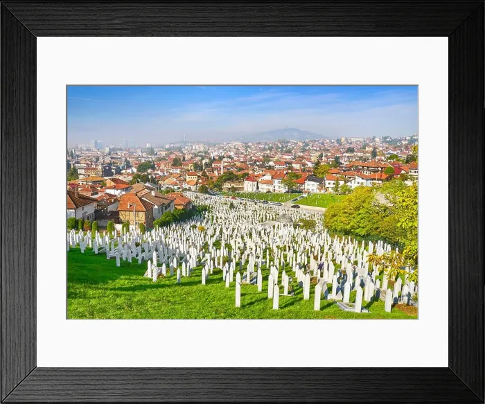 Framed Print : Kovaci war cemetery and Sarajevo cityscape, Bosnia and Herzegovina Framed Print : Kovaci war cemetery and Sarajevo cityscape, Bosnia and Herzegovina