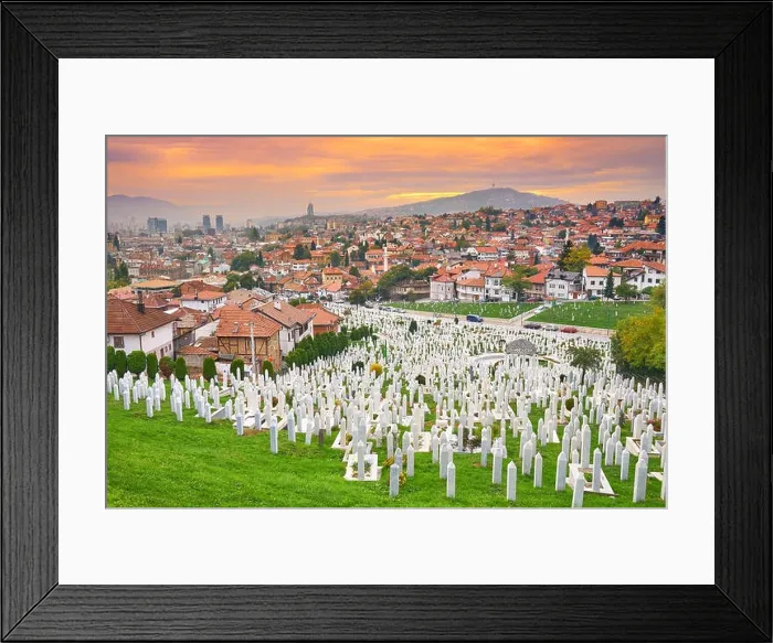 Framed Print : Kovaci war cemetery and Sarajevo cityscape, Bosnia and Herzegovina Framed Print : Kovaci war cemetery and Sarajevo cityscape, Bosnia and Herzegovina