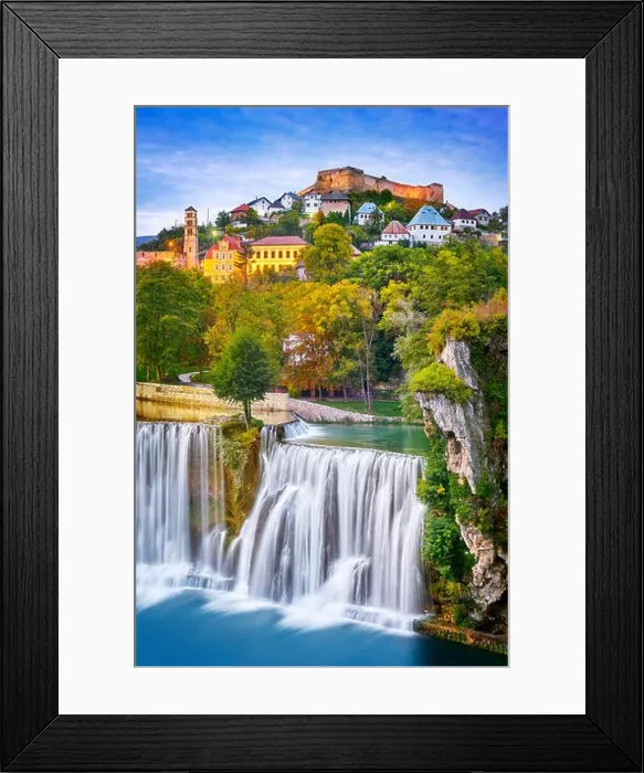 Framed Print : Pliva River Waterfall and castle from 14th century, Jajce town at evening, Bosnia and Herzegovina Framed Print : Pliva River Waterfall and castle from 14th century, Jajce town at evening, Bosnia and Herzegovina
