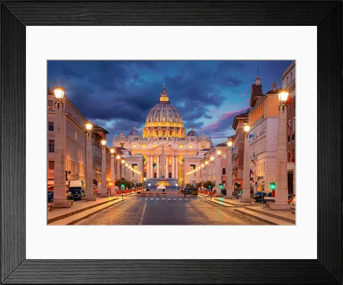 Framed Print : Rome, Vatican City. Cityscape image of illuminated Saint Peter`s Basilica and Street Via della Conciliazione, Vatican City, Rome, Italy Framed Print : Rome, Vatican City. Cityscape image of illuminated Saint Peter`s Basilica and Street Via della Conciliazione, Vatican City, Rome, Italy