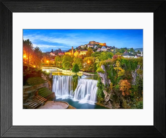 Framed Print : Pliva River Waterfall and castle from 14th century, Jajce town at evening, Bosnia and Herzegovina Framed Print : Pliva River Waterfall and castle from 14th century, Jajce town at evening, Bosnia and Herzegovina