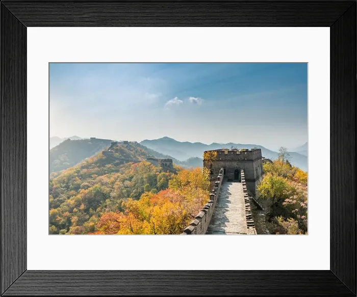 Framed Print : China The great wall distant view compressed towers and wall segments autumn season in mountains near Beijing ancient chinese fortification military l