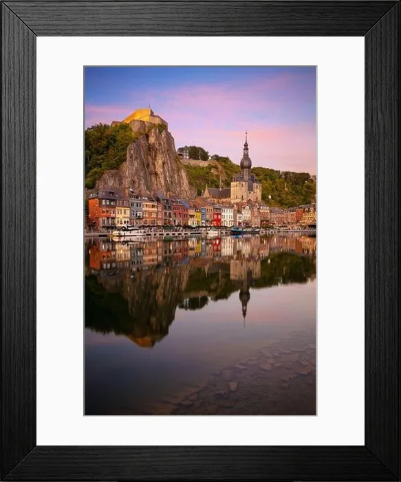 Framed Print : Dinant, Belgium. Cityscape image of beautiful historical city of Dinant with the reflection of the city in the Meuse River at summer sunset Framed Print : Dinant, Belgium. Cityscape image of beautiful historical city of Dinant with the reflection of the city in the Meuse River at summer sunset