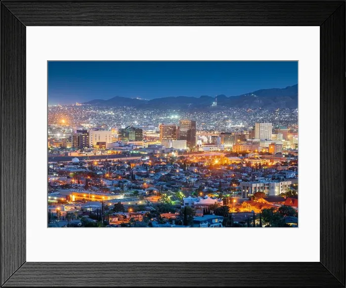 Framed Print : El Paso, Texas, USA downtown city skyline at dusk with Juarez, Mexico in the distance Framed Print : El Paso, Texas, USA downtown city skyline at dusk with Juarez, Mexico in the distance