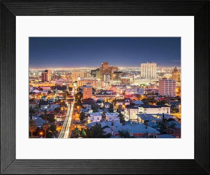 Framed Print : El Paso, Texas, USA downtown city skyline at dusk with Juarez, Mexico in the distance Framed Print : El Paso, Texas, USA downtown city skyline at dusk with Juarez, Mexico in the distance