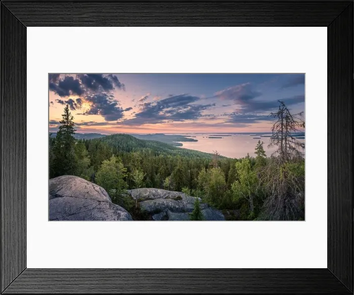 Framed Print : Scenic panorama landscape with lake and sunset at evening in Koli, national park, Finland Framed Print : Scenic panorama landscape with lake and sunset at evening in Koli, national park, Finland