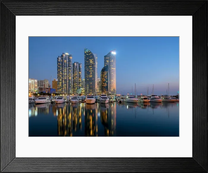 Framed Print : Busan city skyline view at Haeundae district, Gwangalli Beach with yacht pier at Busan, South Korea Framed Print : Busan city skyline view at Haeundae district, Gwangalli Beach with yacht pier at Busan, South Korea
