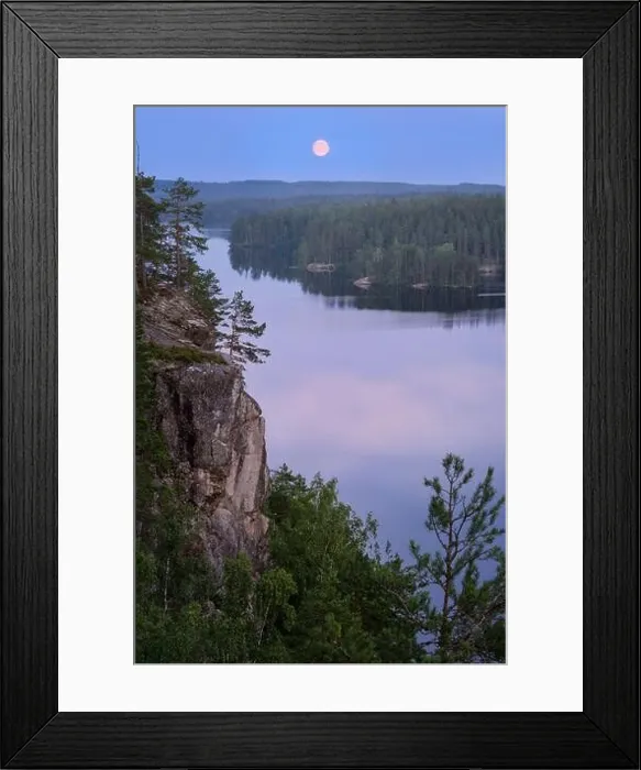 Framed Print : Mood moonlight landscape with calm forest and lake at summer night in Finland Framed Print : Mood moonlight landscape with calm forest and lake at summer night in Finland
