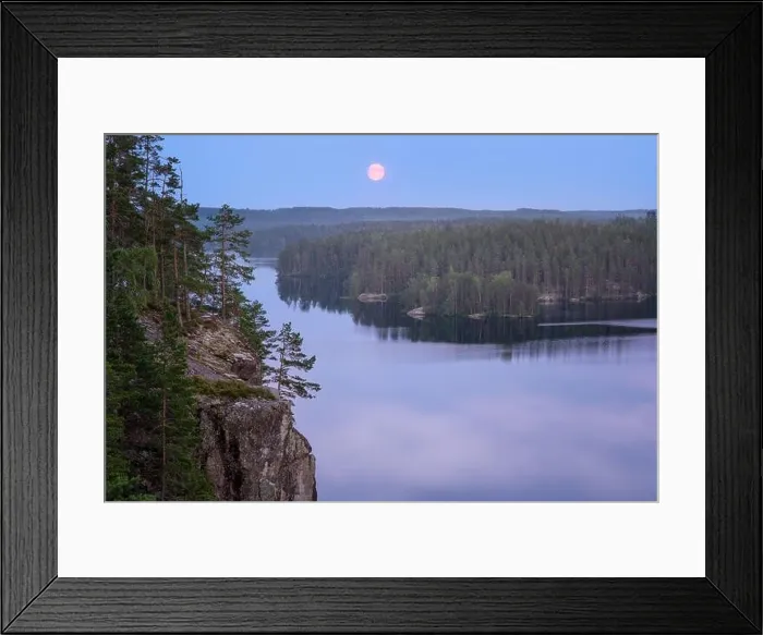 Framed Print : Mood moonlight landscape with calm forest and lake at summer night in Finland Framed Print : Mood moonlight landscape with calm forest and lake at summer night in Finland
