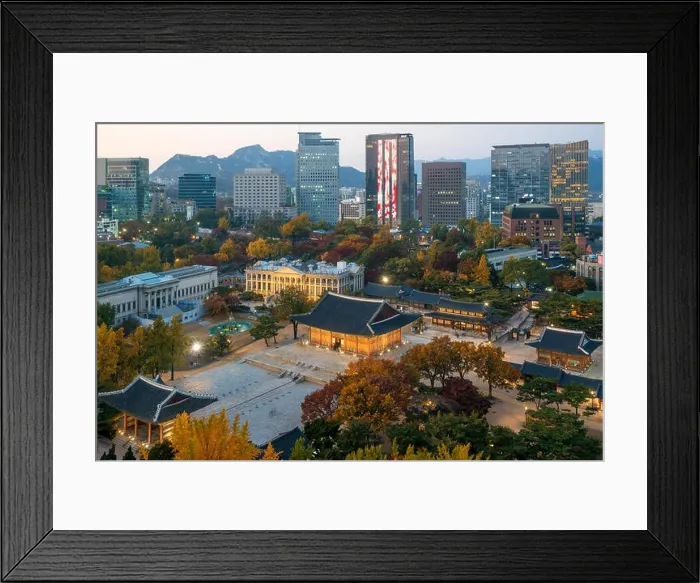 Framed Print : Night view of Deoksugung Palace and Seoul city in autumn season in Seoul, South Korea Framed Print : Night view of Deoksugung Palace and Seoul city in autumn season in Seoul, South Korea