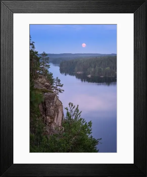 Framed Print : Mood moonlight landscape with calm forest and lake at summer night in Finland Framed Print : Mood moonlight landscape with calm forest and lake at summer night in Finland