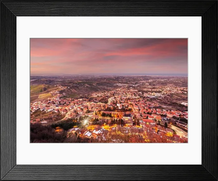 Framed Print : San Marino, a landlocked country within Italy from Monte Titano at dusk Framed Print : San Marino, a landlocked country within Italy from Monte Titano at dusk