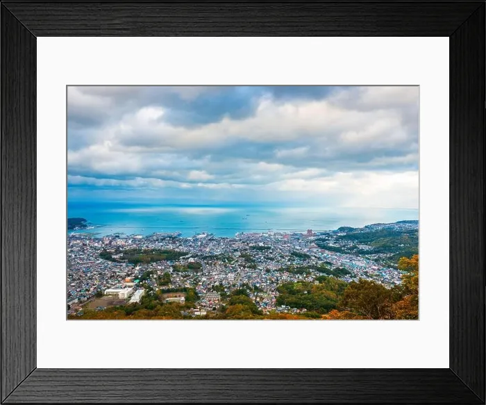 Framed Print : Otaru, Hokkaido, Japan town cityscape over Ishikari Bay at dusk Framed Print : Otaru, Hokkaido, Japan town cityscape over Ishikari Bay at dusk