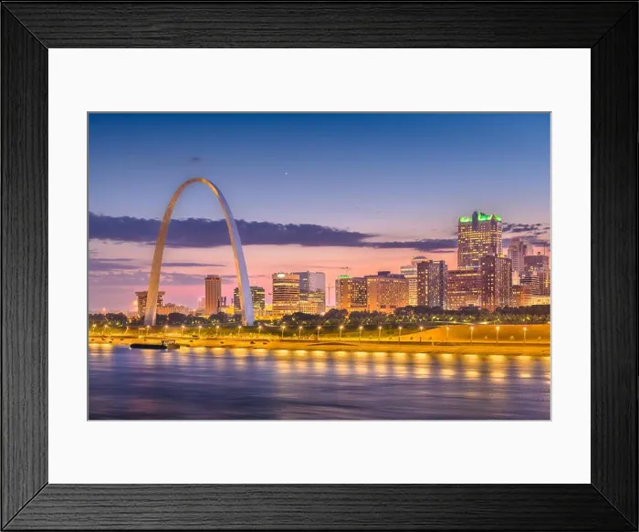 Framed Print : St. Louis, Missouri, USA downtown cityscape on the Mississippi River at twilight Framed Print : St. Louis, Missouri, USA downtown cityscape on the Mississippi River at twilight