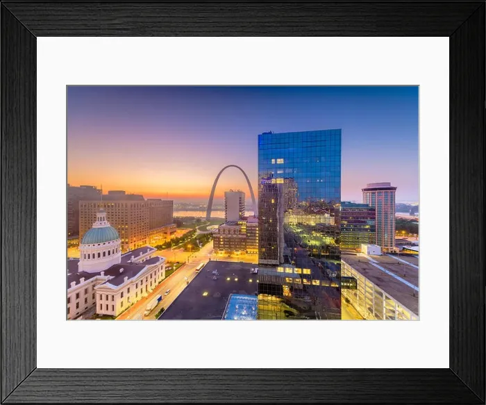 Framed Print : St. Louis, Missouri, USA downtown cityscape with the arch and courthouse at dusk Framed Print : St. Louis, Missouri, USA downtown cityscape with the arch and courthouse at dusk