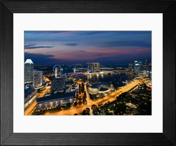 Framed Print : Aerial view of Singapore business district and city at night in Singapore, Asia