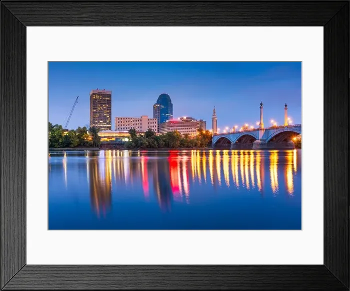 Framed Print : Springfield, Massachussetts, USA downtown skyline on the river at dusk Framed Print : Springfield, Massachussetts, USA downtown skyline on the river at dusk