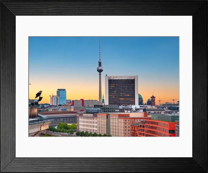 Framed Print : Berlin, Germany city skyline and tower from a rooftop at dusk Framed Print : Berlin, Germany city skyline and tower from a rooftop at dusk