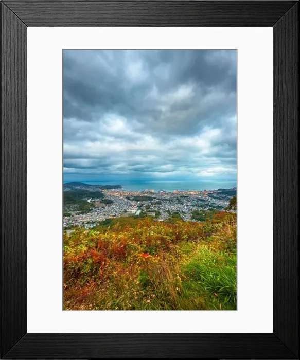Framed Print : Otaru, Hokkaido, Japan town cityscape over Ishikari Bay at dusk Framed Print : Otaru, Hokkaido, Japan town cityscape over Ishikari Bay at dusk