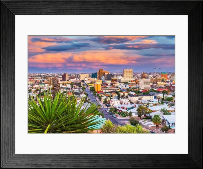 Framed Print : El Paso, Texas, USA downtown city skyline at dusk with Juarez, Mexico in the distance Framed Print : El Paso, Texas, USA downtown city skyline at dusk with Juarez, Mexico in the distance