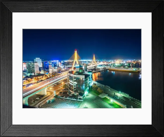Framed Print : Aomori, Japan cityscape at the Bay Bridge at night Framed Print : Aomori, Japan cityscape at the Bay Bridge at night