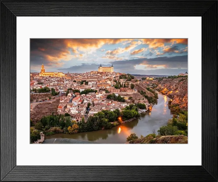 Framed Print : Toledo, Spain old town on the river at dusk