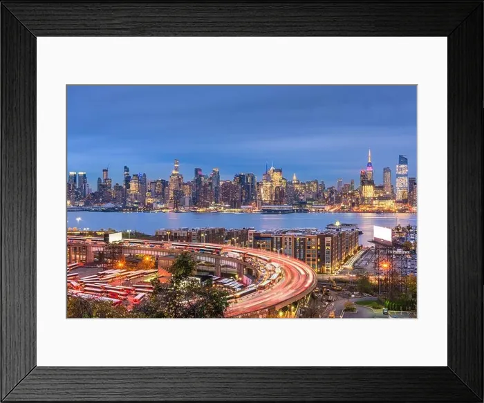 Framed Print : New York, New York, USA cityscape and highways from across the Hudson River at dusk Framed Print : New York, New York, USA cityscape and highways from across the Hudson River at dusk