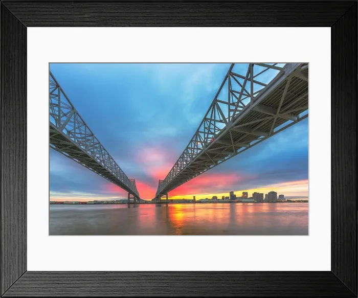 Framed Print : New Orleans, Louisiana, USA downtown skyline on the Mississippi River below the Crescent City Connection Bridge Framed Print : New Orleans, Louisiana, USA downtown skyline on the Mississippi River below the Crescent City Connection Bridge