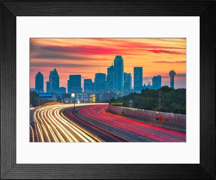 Framed Print : Dallas, Texas, USA downtown skyline and highway at dawn