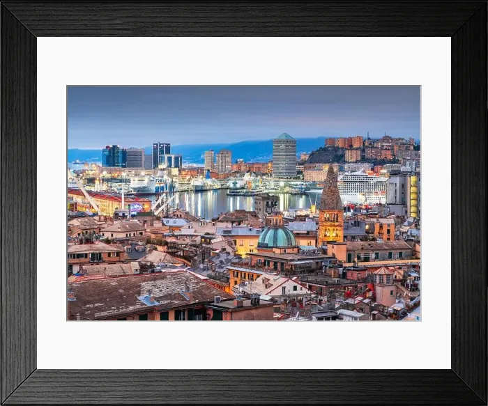 Framed Print : Genova, Italy downtown skyline with historic towers at dusk Framed Print : Genova, Italy downtown skyline with historic towers at dusk