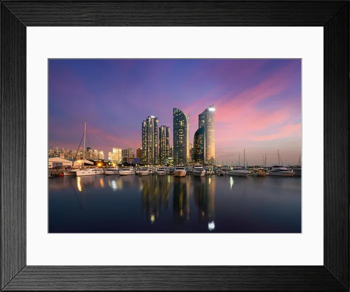 Framed Print : Busan city skyline view at Haeundae district, Gwangalli Beach with yacht pier at Busan, South Korea Framed Print : Busan city skyline view at Haeundae district, Gwangalli Beach with yacht pier at Busan, South Korea