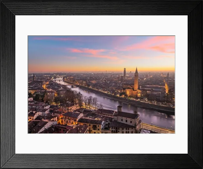 Framed Print : Verona, Italy skyline on the Adige River at dusk Framed Print : Verona, Italy skyline on the Adige River at dusk