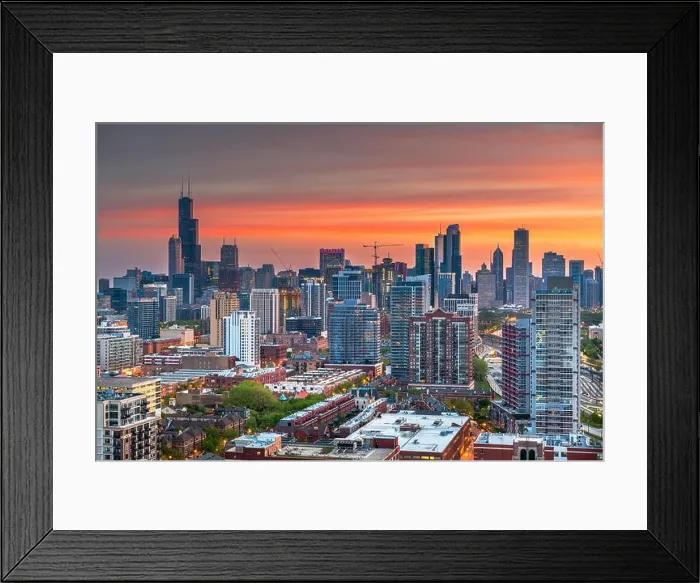 Framed Print : Chicago, Illinois, USA aerial downtown skyline at dusk towards Lake Michigan Framed Print : Chicago, Illinois, USA aerial downtown skyline at dusk towards Lake Michigan