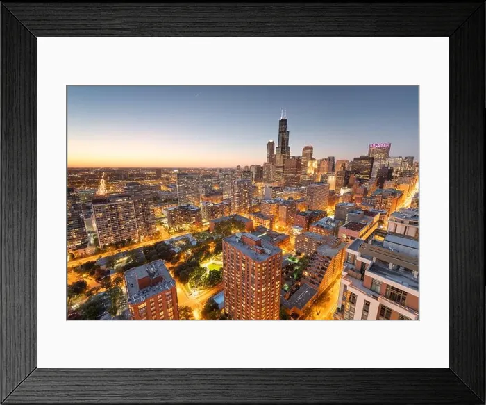 Framed Print : Chicago, Illinois, USA aerial cityscape at dusk