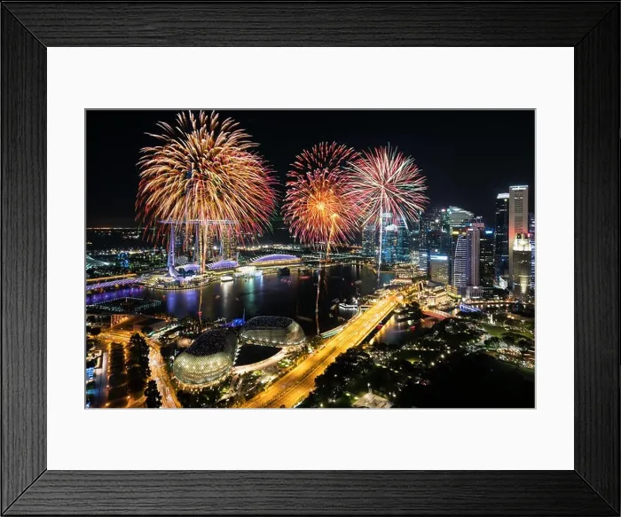Framed Print : Aerial view of Fireworks celebration over Marina bay in Singapore. New year day 2018 or National day celebration at Singapore. Asia Framed Print : Aerial view of Fireworks celebration over Marina bay in Singapore. New year day 2018 or National day celebration at Singapore. Asia
