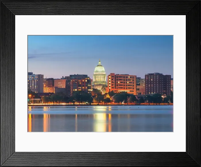 Framed Print : Madison, Wisconsin, USA downtown skyline at dusk on Lake Monona Framed Print : Madison, Wisconsin, USA downtown skyline at dusk on Lake Monona
