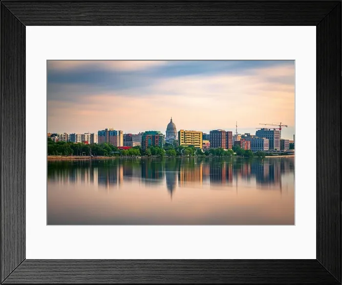Framed Print : Madison, Wisconsin, USA downtown skyline at dusk on Lake Monona Framed Print : Madison, Wisconsin, USA downtown skyline at dusk on Lake Monona