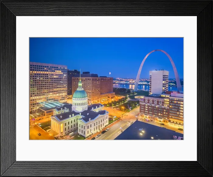 Framed Print : St. Louis, Missouri, USA downtown cityscape with the arch and courthouse at dusk Framed Print : St. Louis, Missouri, USA downtown cityscape with the arch and courthouse at dusk