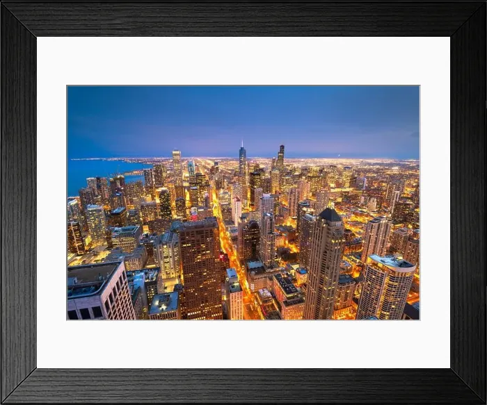 Framed Print : Chicago, Illinois, USA aerial cityscape with financial district buildings and Lake Michigan at dusk Framed Print : Chicago, Illinois, USA aerial cityscape with financial district buildings and Lake Michigan at dusk