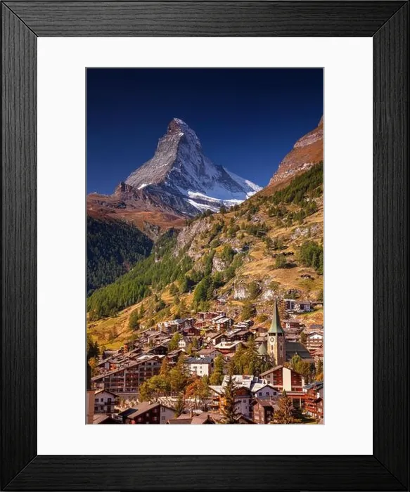 Framed Print : Zermatt. Image of iconic village of Zermatt, Switzerland with the Matterhorn in the background during beautifl sunny autumn day Framed Print : Zermatt. Image of iconic village of Zermatt, Switzerland with the Matterhorn in the background during beautifl sunny autumn day