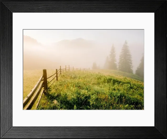 Framed Print : Mountain valley during sunrise. Woden fence on foggy meadow. Located place: Carpathians, Ukraine, Europe Framed Print : Mountain valley during sunrise. Woden fence on foggy meadow. Located place: Carpathians, Ukraine, Europe