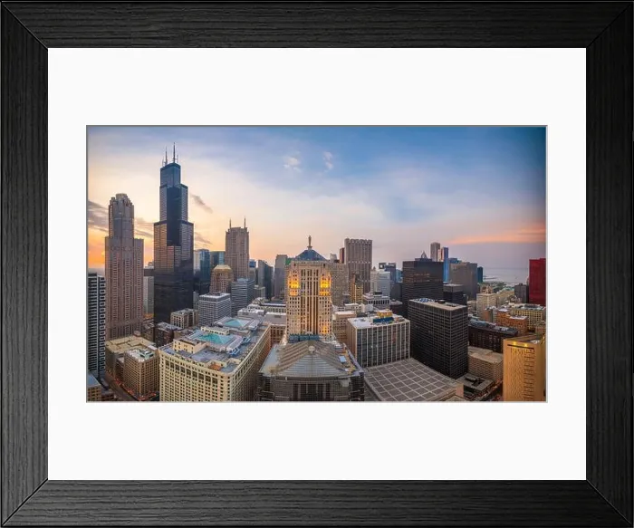 Framed Print : Chicago, Illinois, USA aerial downtown skyline at dusk