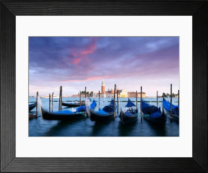 Framed Print : Row of gondolas parked on city pier Framed Print : Row of gondolas parked on city pier