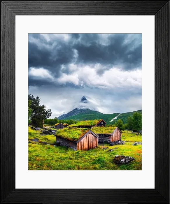 Framed Print : Typical norwegian old wooden houses with grass roofs in Innerdalen - Norway's most beautiful mountain valley, near Innerdalsvatna lake Framed Print : Typical norwegian old wooden houses with grass roofs in Innerdalen - Norway's most beautiful mountain valley, near Innerdalsvatna lake