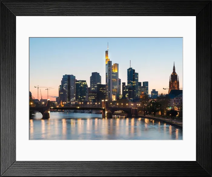 Framed Print : View of Frankfurt am Main skyline at dusk along Main river with cruise ship in Frankfurt, Germany Framed Print : View of Frankfurt am Main skyline at dusk along Main river with cruise ship in Frankfurt, Germany