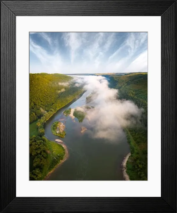 Framed Print : Flight through majestic foggy river and lush green forest at sunrise time. Landscape photography. Dnister, Ukraine, Europe Framed Print : Flight through majestic foggy river and lush green forest at sunrise time. Landscape photography. Dnister, Ukraine, Europe
