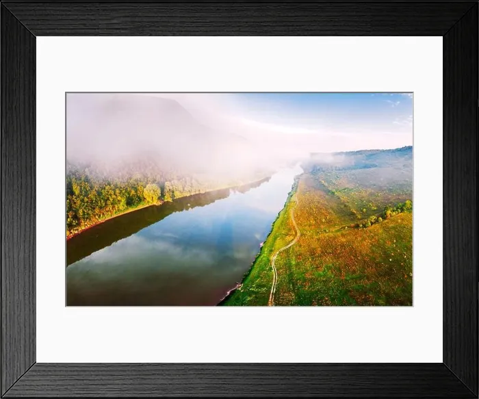 Framed Print : Flight through majestic foggy river and lush green forest at sunrise time. Landscape photography. Dnister, Ukraine, Europe Framed Print : Flight through majestic foggy river and lush green forest at sunrise time. Landscape photography. Dnister, Ukraine, Europe