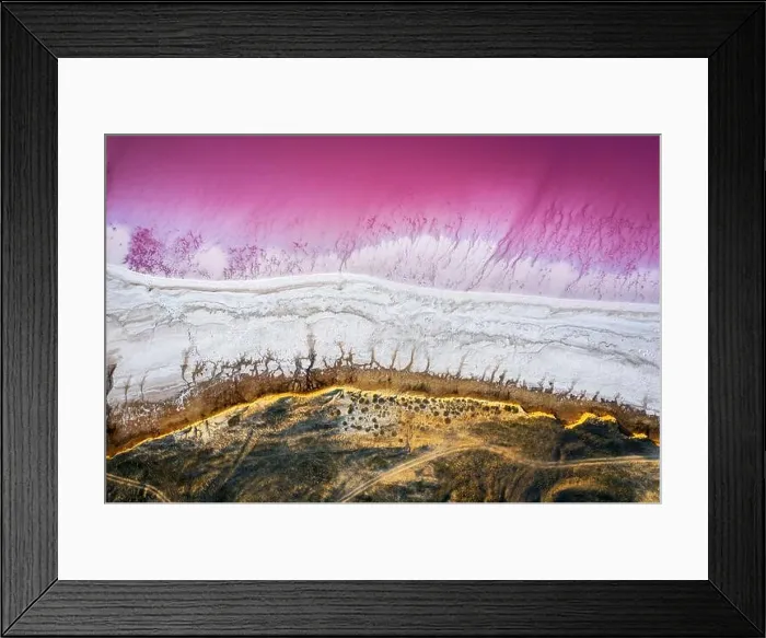 Framed Print : Abstract view of pink lake salt water from drone. Creative nature color concept. Top view background Framed Print : Abstract view of pink lake salt water from drone. Creative nature color concept. Top view background