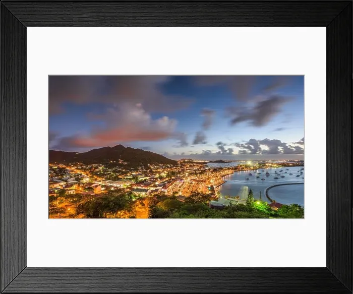 Framed Print : Marigot, St. Martin town skyline in the Caribbean at twilight Framed Print : Marigot, St. Martin town skyline in the Caribbean at twilight