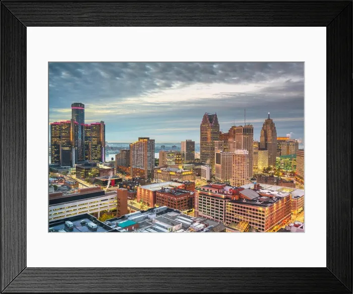 Framed Print : Detroit, Michigan, USA downtown skyline from above at dusk Framed Print : Detroit, Michigan, USA downtown skyline from above at dusk